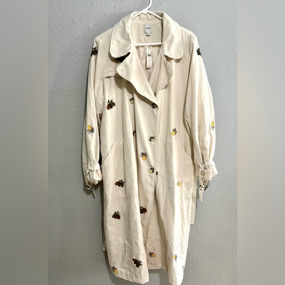 Maeve Jackets & Blazers - NWT ANTHROPOLOGIE MAEVE Bumble Bee Embroidered TRENCH COAT XL Cream
